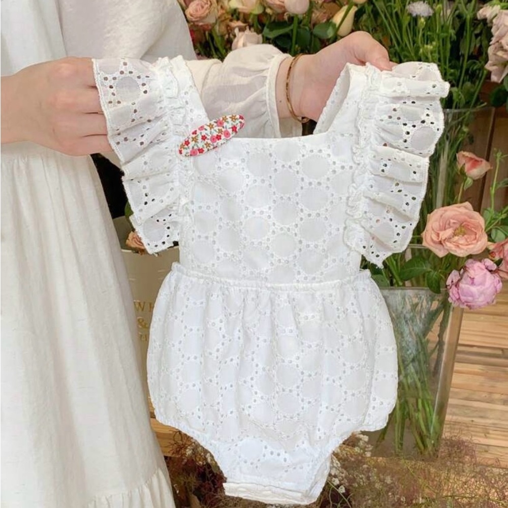 White Eyelet Baby Romper with Ruffle Sleeves